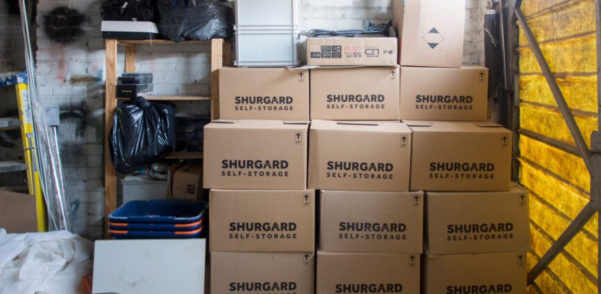 Stacked inventory boxes in a warehouse storage area
